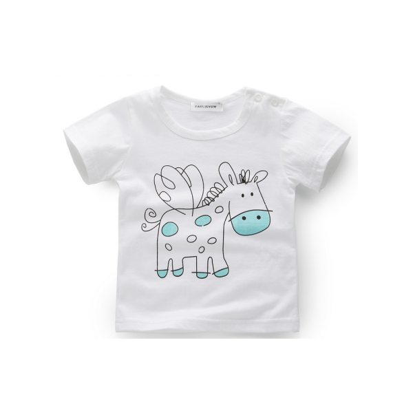 A small white top with a scribbled horse outline, the horse has wings and blue spots