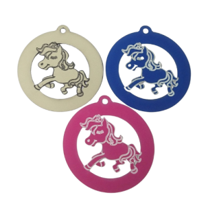 A set of three circular hanging decorations containing a cut out pony design, in white, blue and pink colours.