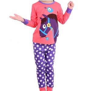 Pyjama set consisting of a pink top with a large purple cartoon horse design, and purple pants with white dots