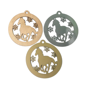 A set of three circular hanging decorations containing a cut out horse design, in wooden, silver and gold colours
