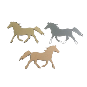 A set of three magnets shaped like a moving horse, one in gold, silver and wooden.