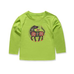A small green top with a decorative horse design on the chest