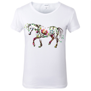 A white top with a stylised floral design of a horse printed on the chest