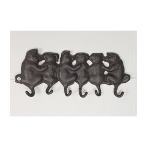 A rustic metallic set of six pigs, the tails of which curl below into a hook shape