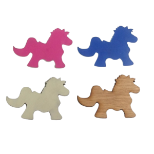 A set of four fridge magnets shaped like ponies, coloured pink, blue, white, and wooden