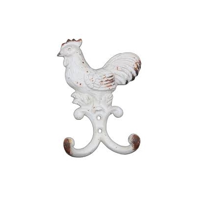 A metal chicken, painted white and with two adjoining hooks at its base
