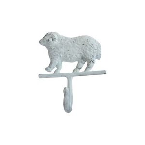 A metal sheep, painted white and with a hook at its base