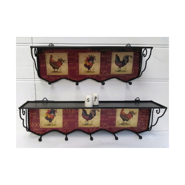 A matching set of upper and lower shelves, each shelf mounted above a decorative backboard featuring three rooster designs