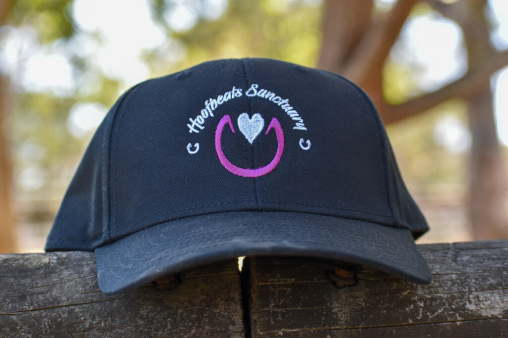 The Hoofbeats Cap resting on a wooden paddock fence
