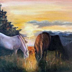 'Sunday Arvo' by Ami Griffiths, a painting of three horses backlit by the setting sun