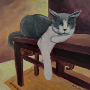 'Squeak' by Ann White, a painting of a cat sleeping on a bench