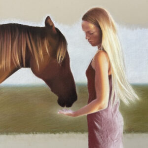'Synergy' by Brianna Campbell, an artwork of a girl reaching her hand out for a horse to sniff