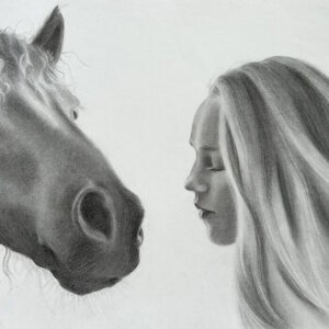 'Whispers' by Brianna Campbell, a charcoal drawing of a girl and a horse