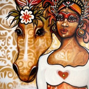 'Marigold and Maude are BFFS' by Deann Cumner, a stylised painting of a woman wearing a headdress and a horse