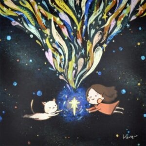'Starry Whispers' by Hei Yin Wong, a illustration of a girl and a cat flying in space