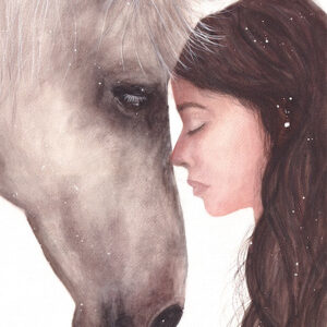 '2 Hearts' by Jane Maddison, an artwork of a horse and a woman resting their heads against each other