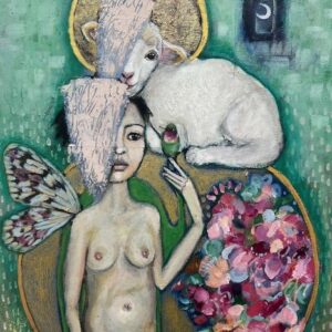 'Nuture Your Heart' by Jo Cook, a painting featuring a woman and a sheep