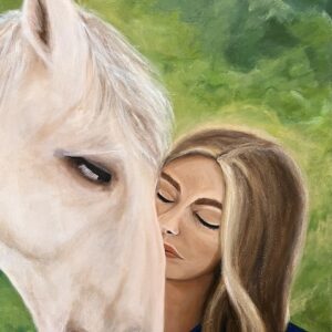 'Unspoken Connection' by Julia Wheeler, a painting of a woman with her horse