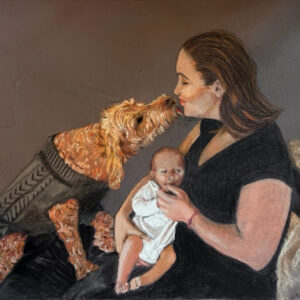 'Paw to Paw' by Linda Nugent, a pastel drawing of a mother with her newborn and pet dog