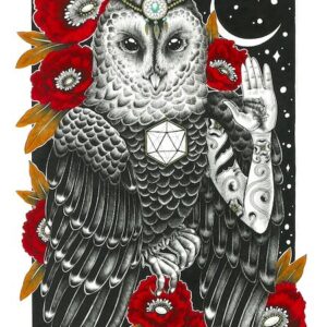 'Spirit Bird' by Miribai Fox, a black and white drawing of an owl adjourned by red flowers