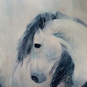 'The Ghost horse' by Pam Miller, a tall painting of a white horse with a dark mane