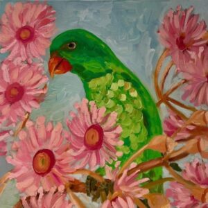 'Enjoying my Own Company' by Raman Kaur, a painting of a parrot in a flowering tree