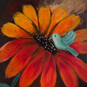 'Sweet Friendship' by Raman Kaur, a painting of a bird feeding from a flower