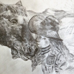 'Whisper' by Scarlett Trigar, a charcoal drawing of a girl with her horse in front of the setting sun