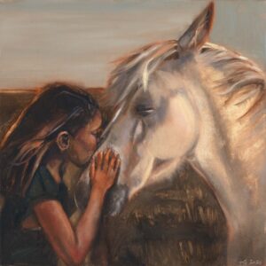 'Grateful' by Tameson Godfrey, a painting of a girl kissing a horse on the forehead