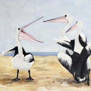 'Pelican Chatter' by Therese van Haaster, a painting of three pelicans on a beach