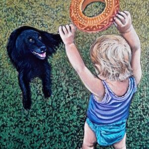 'Fetch Time' by Wayne Smith, a painting of a child about to throw a toy for a dog