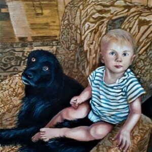 'Best Mates' by Wayne Smith, a painting of a dog and a child sitting together on an armchair