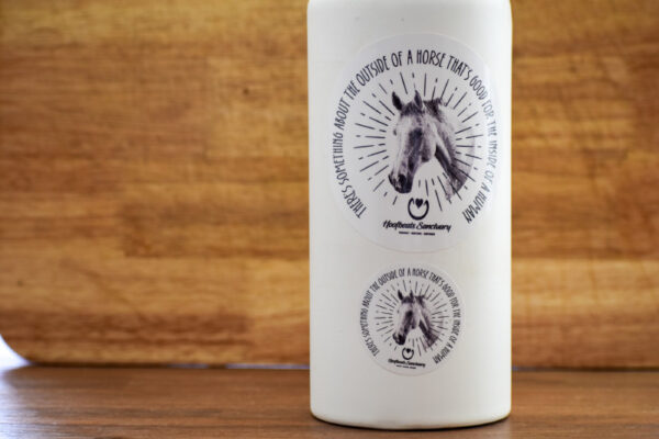 Our Hoofbeats horse stickers, featuring our Kazu design, in action on a water bottle.
