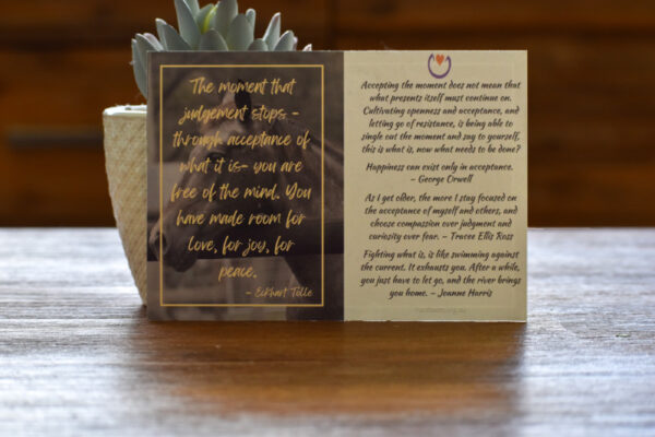 The back of one of our Affirmation Cards, featuring quotes by Eckhart Tolle, George Orwell, Tracee Ellis Ross, and Joanne Harris.