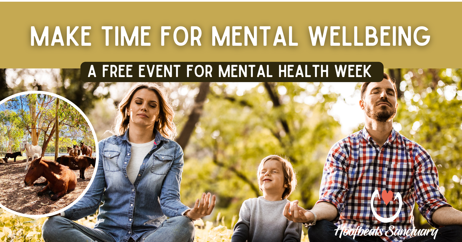 A free mental health event: A family of three meditating in the greenery.