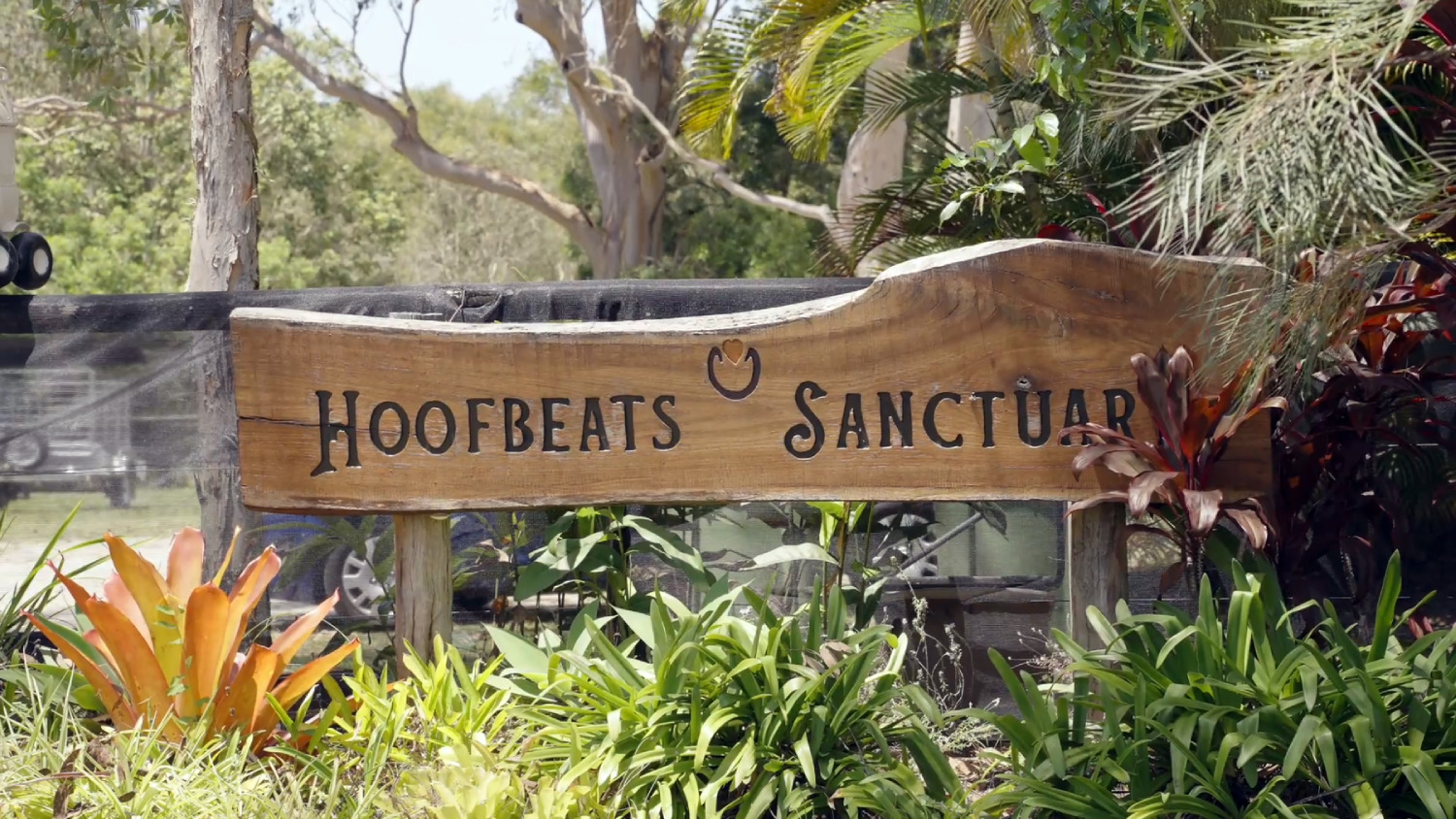 A wooden sign that read "Hoofbeats Sanctuary"