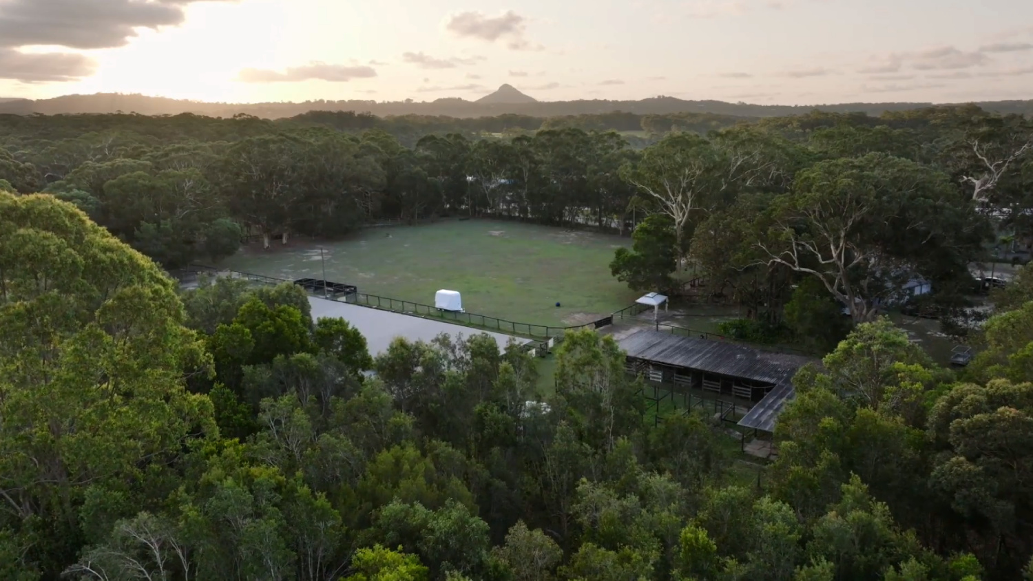 An aerial drone photo of the main paddock at Hoofbeats Sanctuary