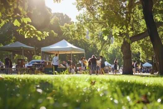 A sunny day at the markets; a gazebo capturing the sunlight on a green field